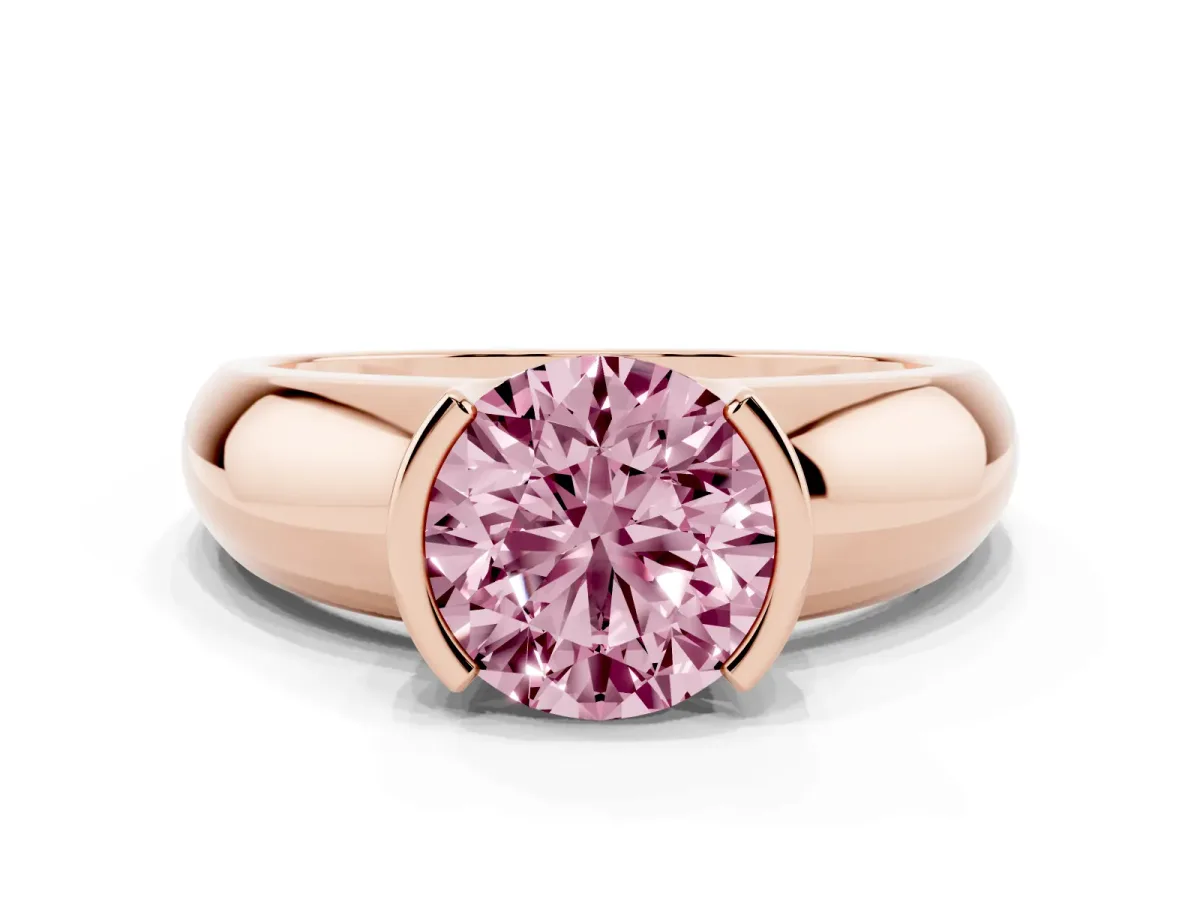Fancy Pink Round Cut Solitaire Tension Set Diamond Ring with Wide Band Rose gold