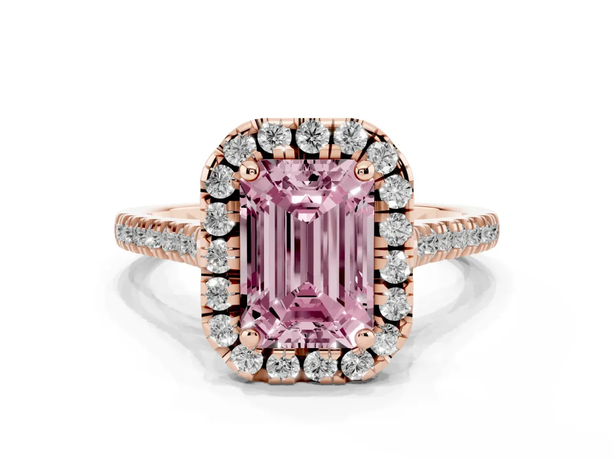 Fancy Pink Emerald Cut Diamond Cushion Halo Ring with Pavé Band Rose gold