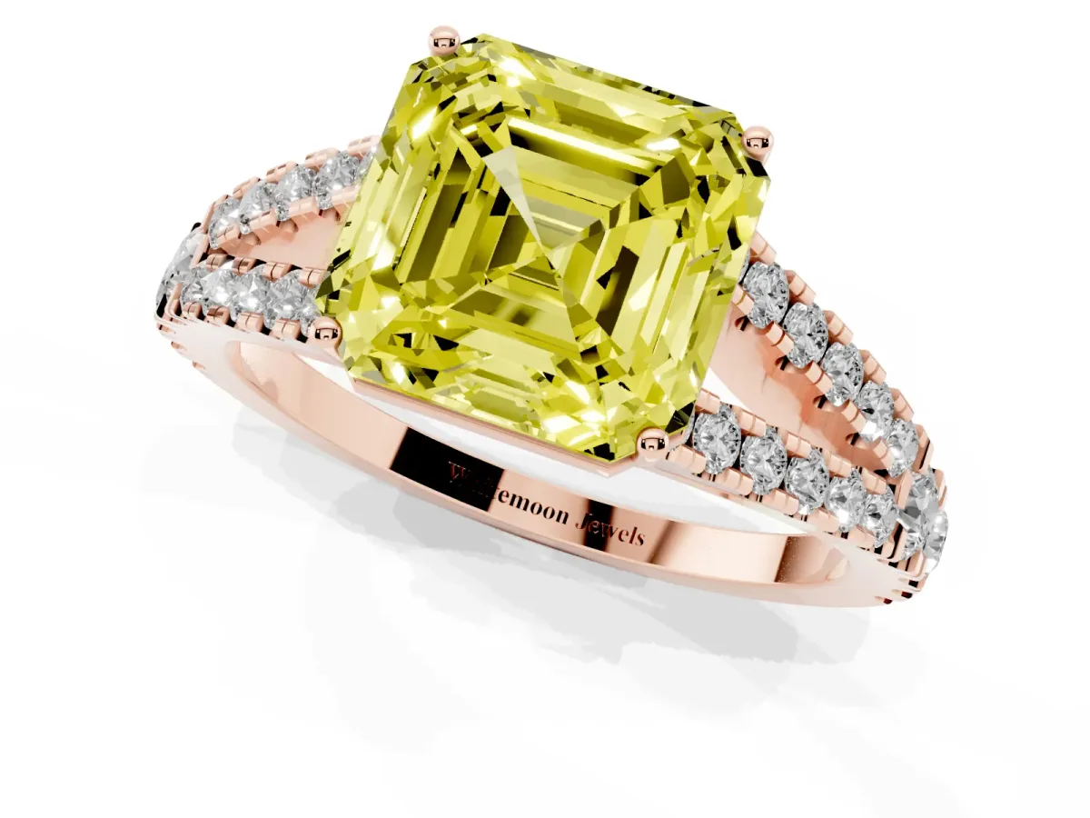 Fancy Yellow Asscher Cut Diamond Split Shank Engagement Ring with Round Pavé and Prong Setting Rose gold