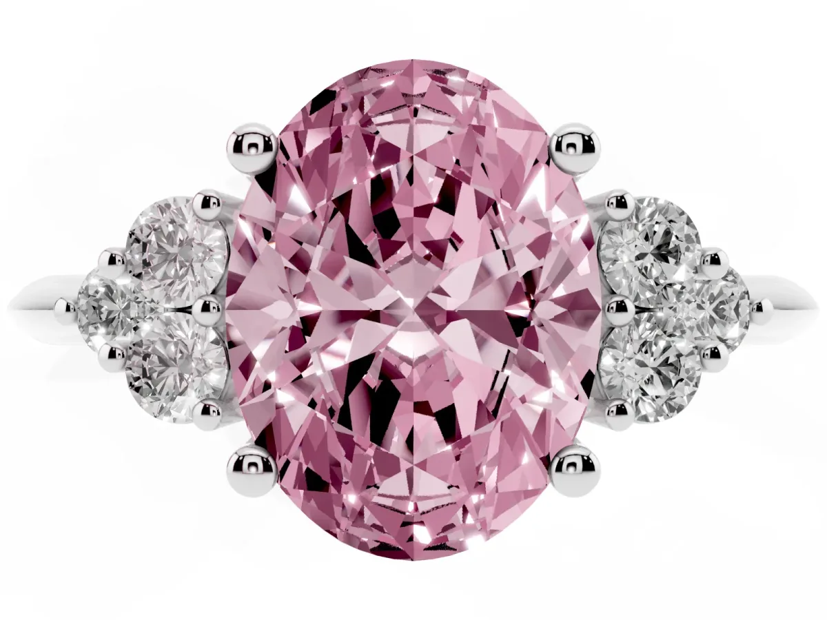 Fancy Pink Oval Cut Cut Diamond Cluster Ring with Solitaire Band and Four-Prong Setting Silver