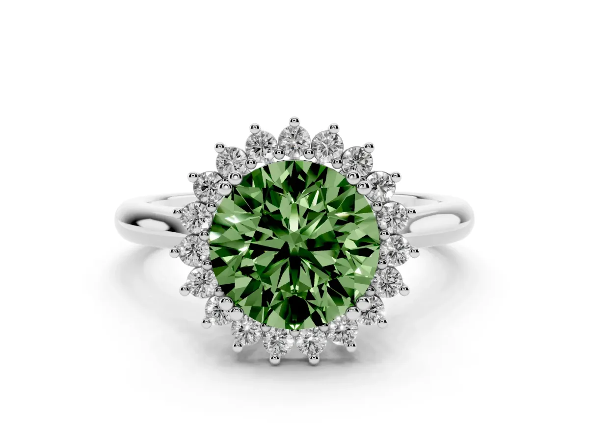 Fancy Green Round Cut Cut Diamond Halo Ring with Solitaire Band and Prong Setting Silver
