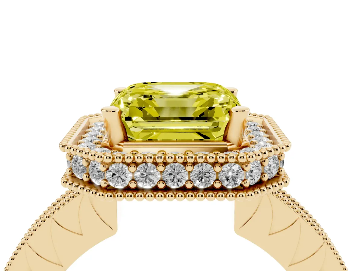 Fancy Yellow Asscher Cut Diamond Milgrain Halo Engagement Ring with Round Pavé Band and Prong Setting Yellow gold