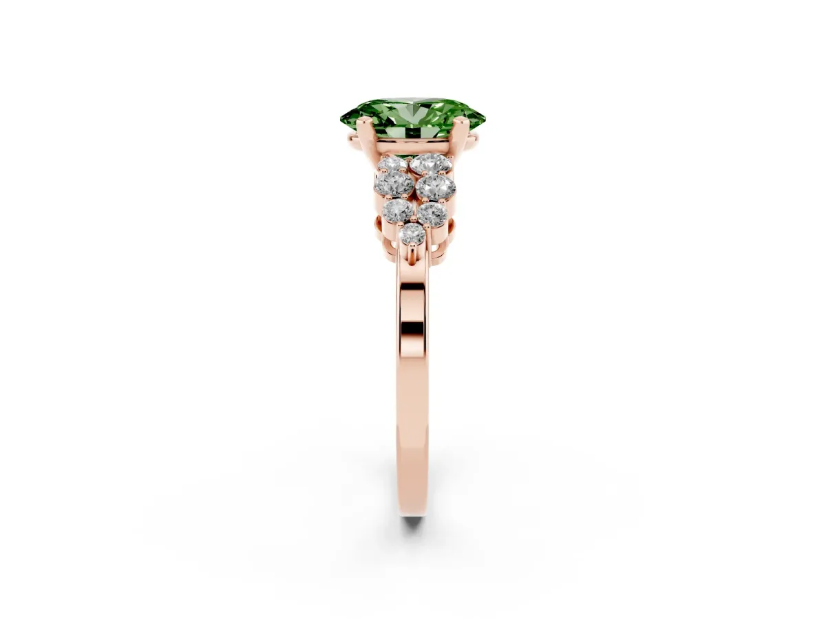Fancy Green Oval Cut Cluster Diamond Engagement Ring with Pavé Band and Four-Prong Setting Rose gold