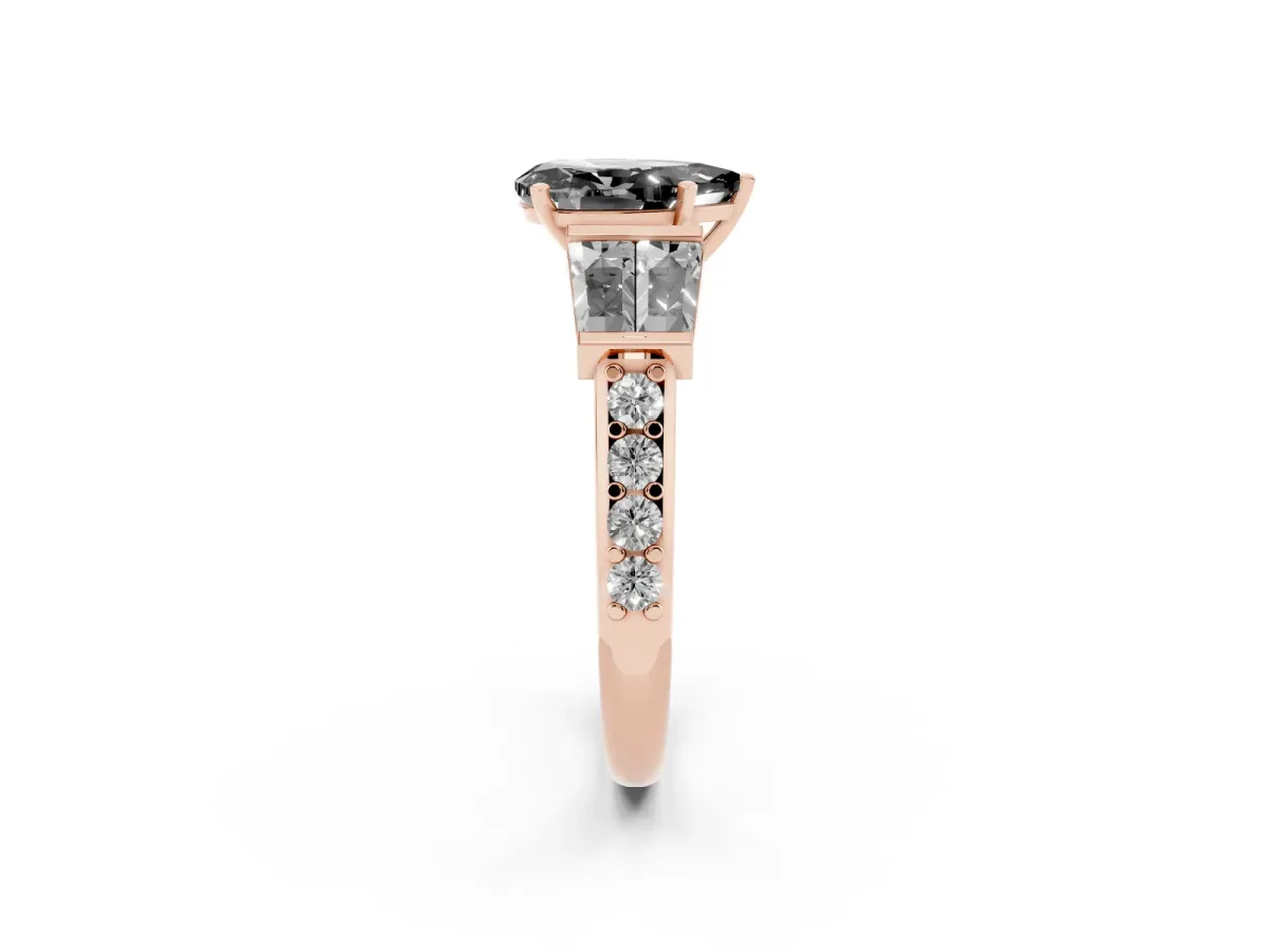 Fancy Black Pear Cut Diamond Engagement Ring with Baguette Side Stones and Channel Set Band Rose gold