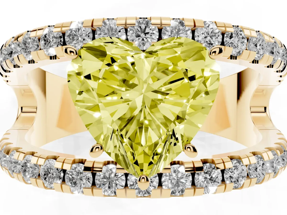 Fancy Yellow Heart Cut Solitaire Split Shank Pave Diamond Ring Yellow gold