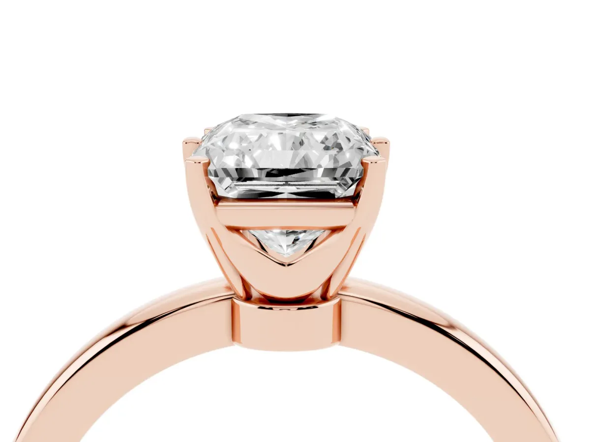 Radiant Cut Solitaire Diamond Ring with Six-Prong Setting on a Classic Band Rose gold
