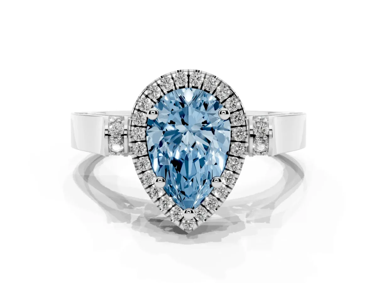 Fancy Blue Pear Cut Halo Pave Split Shank Prong Setting Ring Silver