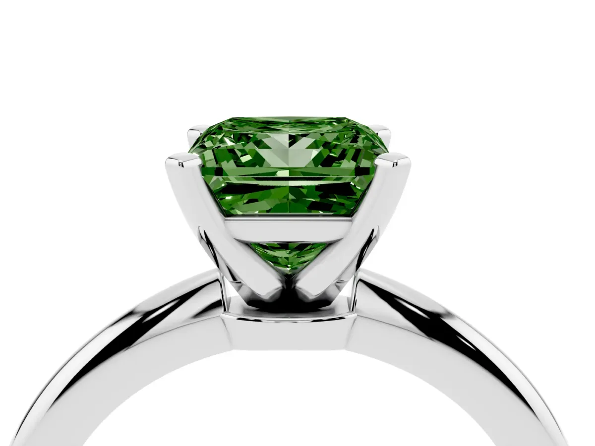 Fancy Green Princess Cut Diamond Solitaire Ring with Prong Setting and Classic Band Silver