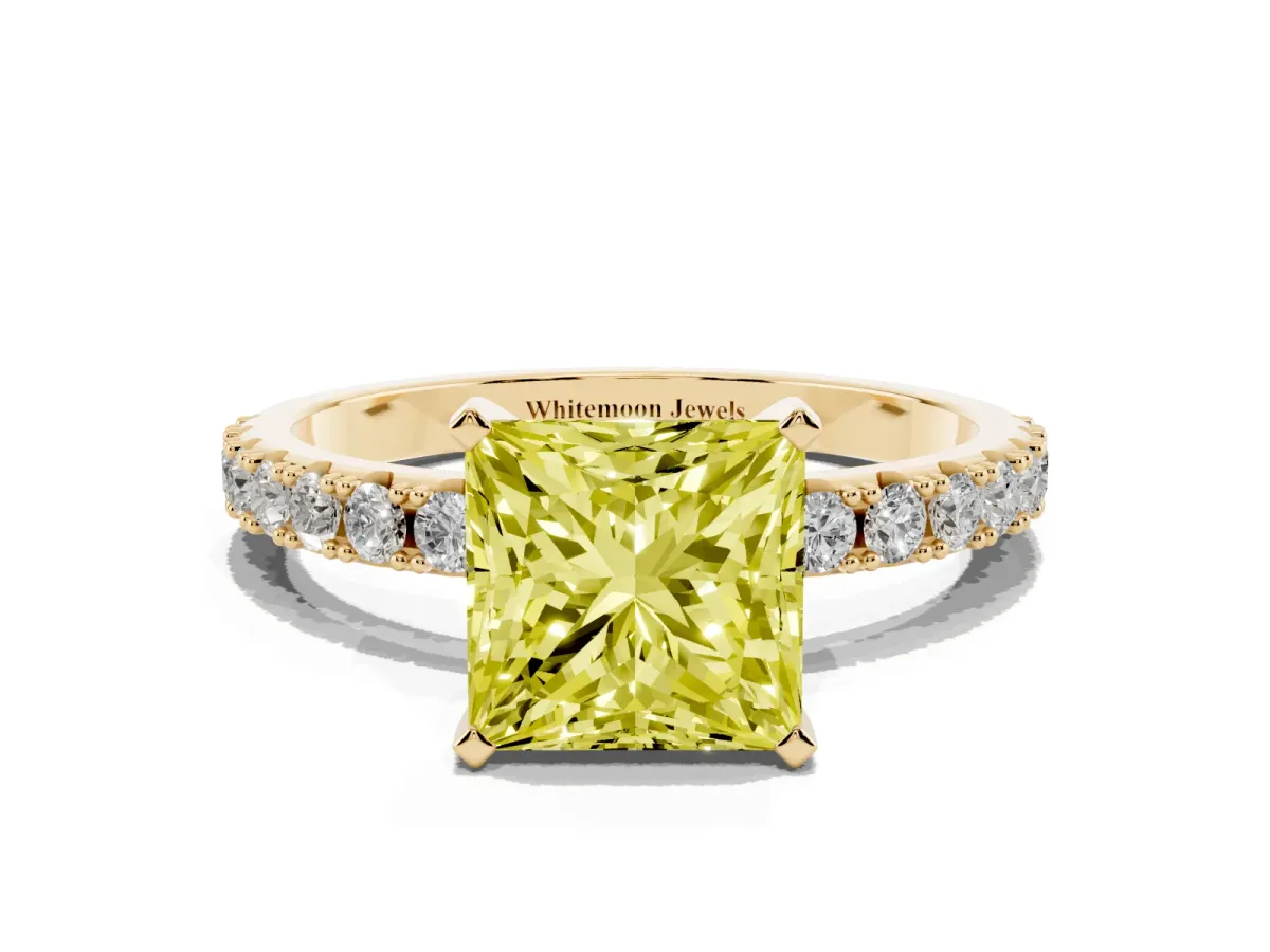 Fancy Yellow Princess Cut Diamond Solitaire Pavé Band with Four-Prong Setting Yellow gold