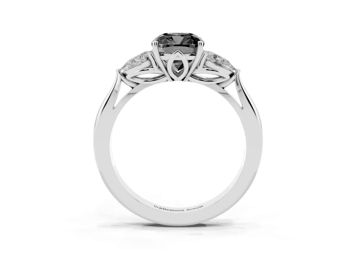 Fancy Black Three-Stone Cushion Cut Brilliant Diamond Solitaire Ring with Tapered Band and Four-Prong Setting Silver
