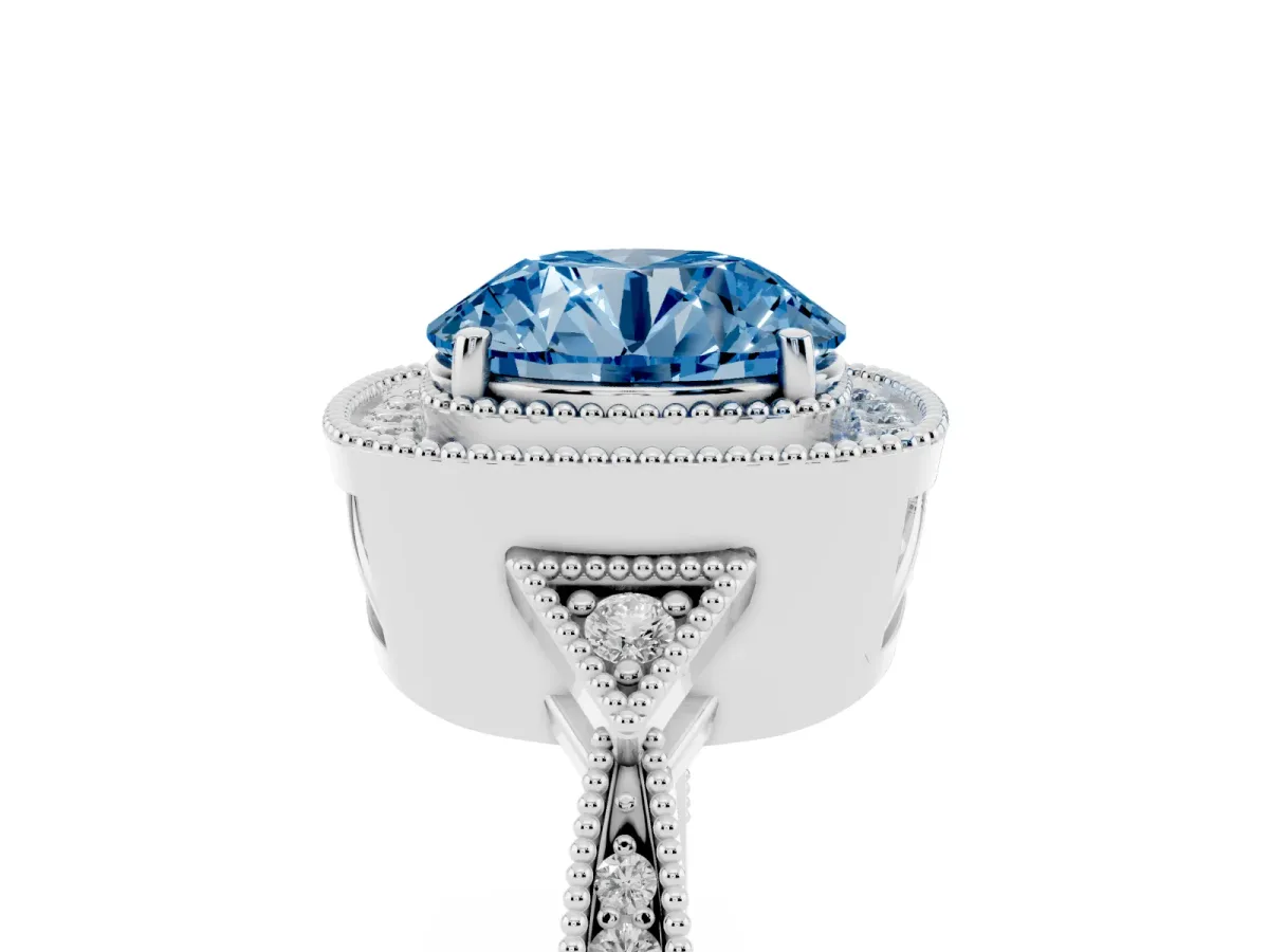 Fancy Blue Round Cut Halo Round Diamond Milgrain Pave Engagement Ring Silver