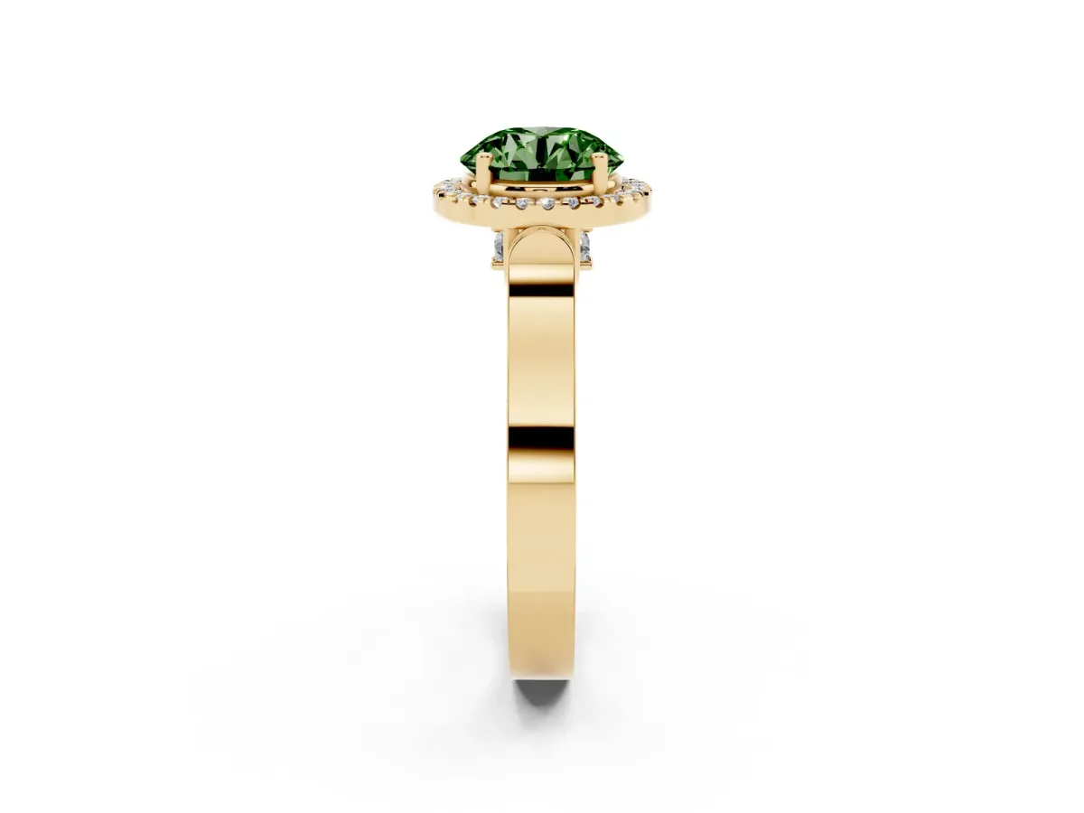 Fancy Green Round Cut Halo Round Diamond Twist Band with Four-Prong Setting Yellow gold