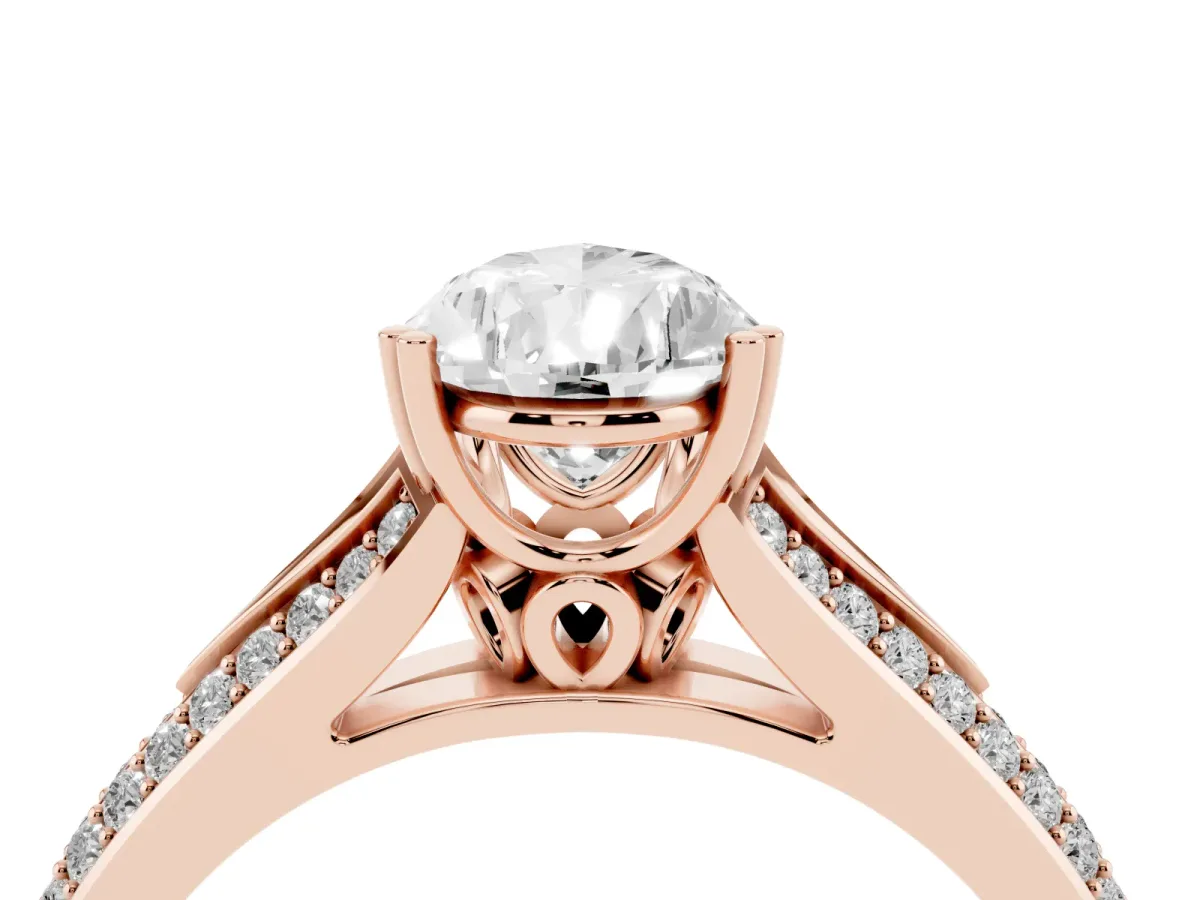 Pear Cut Diamond Split Shank Engagement Ring with Pavé Band Rose gold