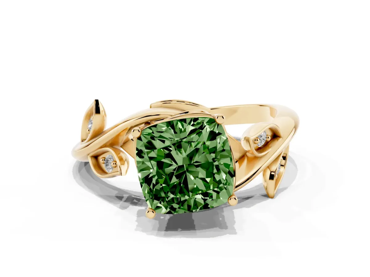 Fancy Green Cushion Cut Solitaire Twist Engagement Ring with Leaf Accents and Prong Setting Yellow gold