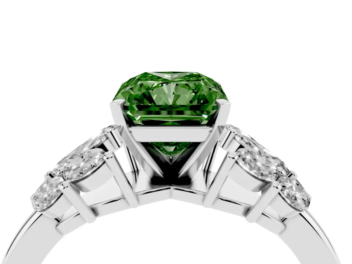 Fancy Green Radiant Cut Diamond Cluster Leaf Design Ring with Prong Setting White gold