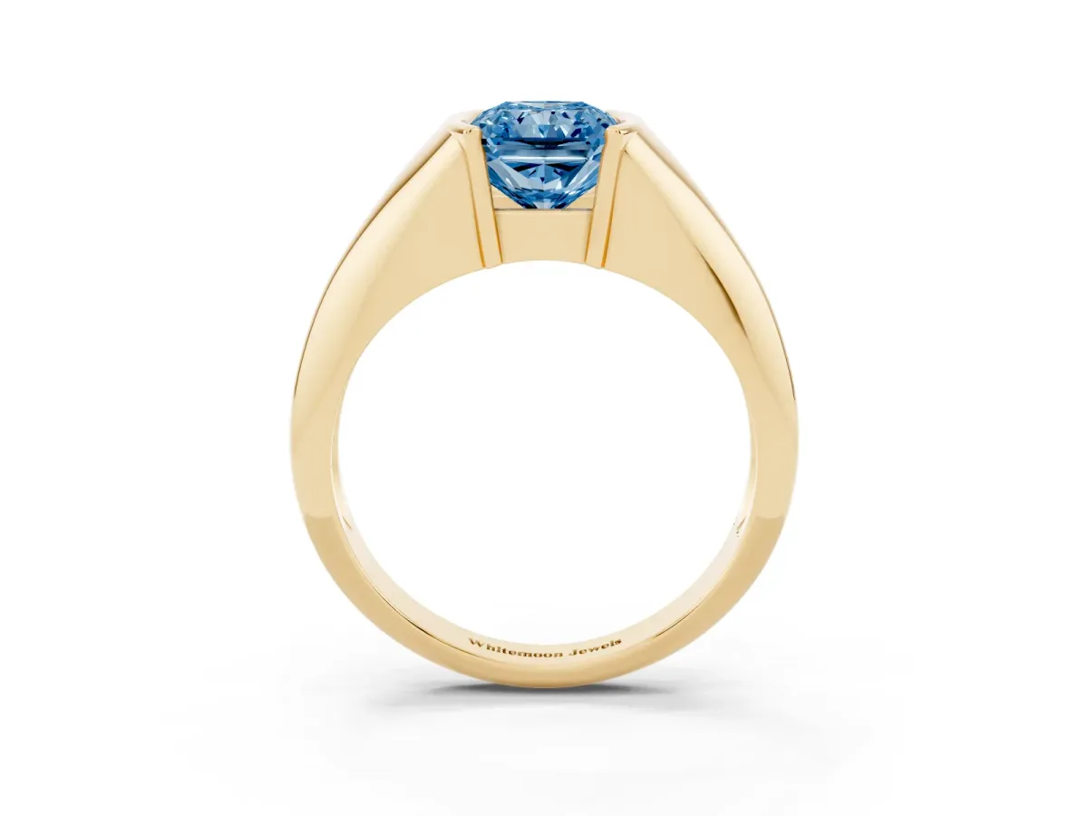 Fancy Blue Radiant Cut Solitaire Tension Set Diamond Ring Yellow gold