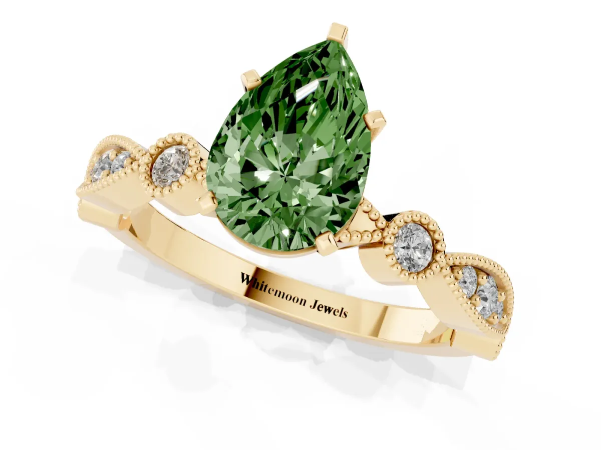 Fancy Green Pear Cut Milgrain Bezel Diamond Engagement Ring with Solitaire Prong Setting Yellow gold