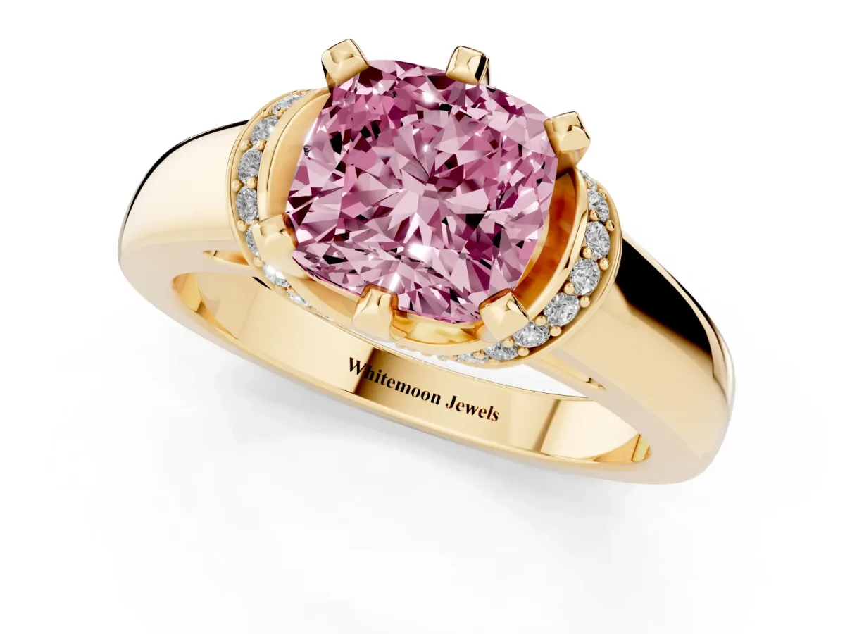 Fancy Pink Cushion Cut Solitaire Diamond Ring with Pave Band and Six-Prong Setting Yellow gold