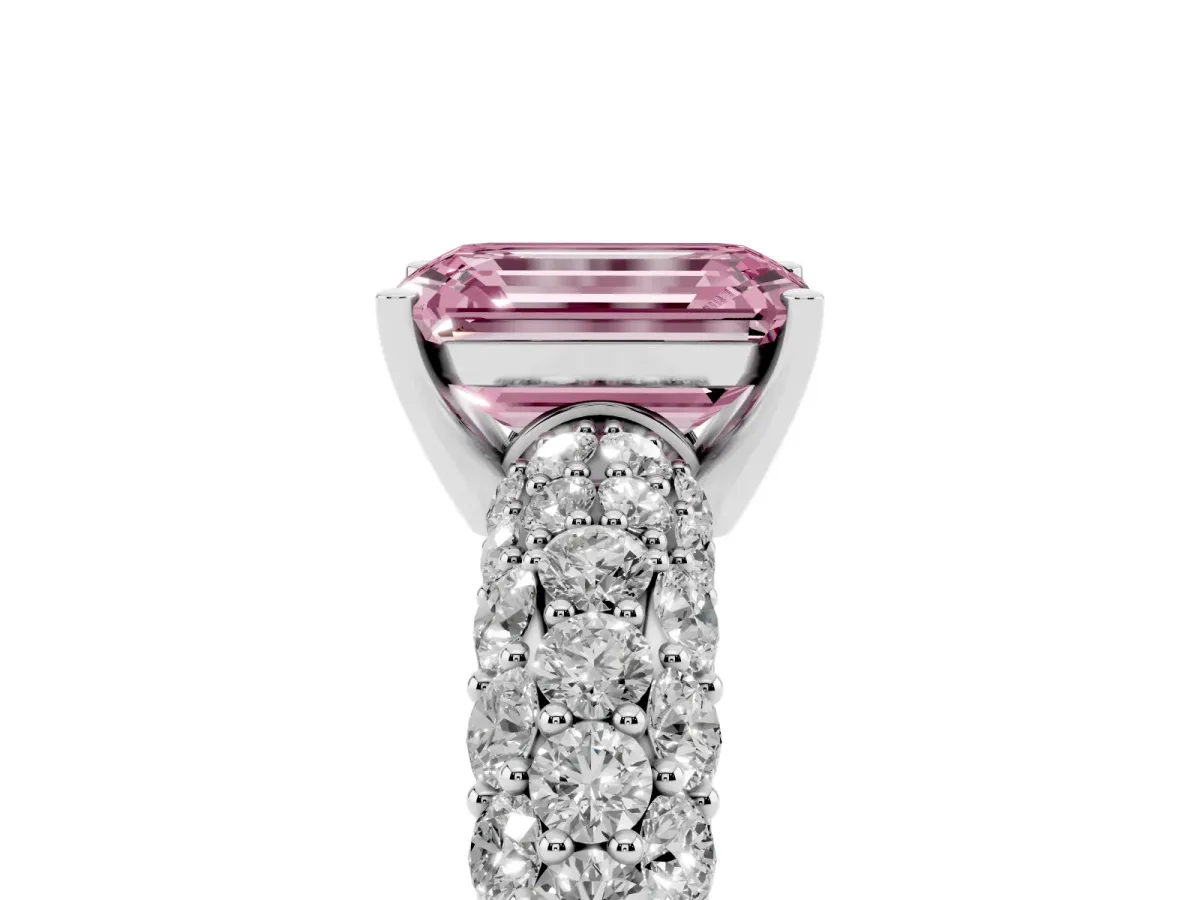 Fancy Pink Emerald Cut Diamond Pavé Band Solitaire Ring with Four-Prong Setting Platinum