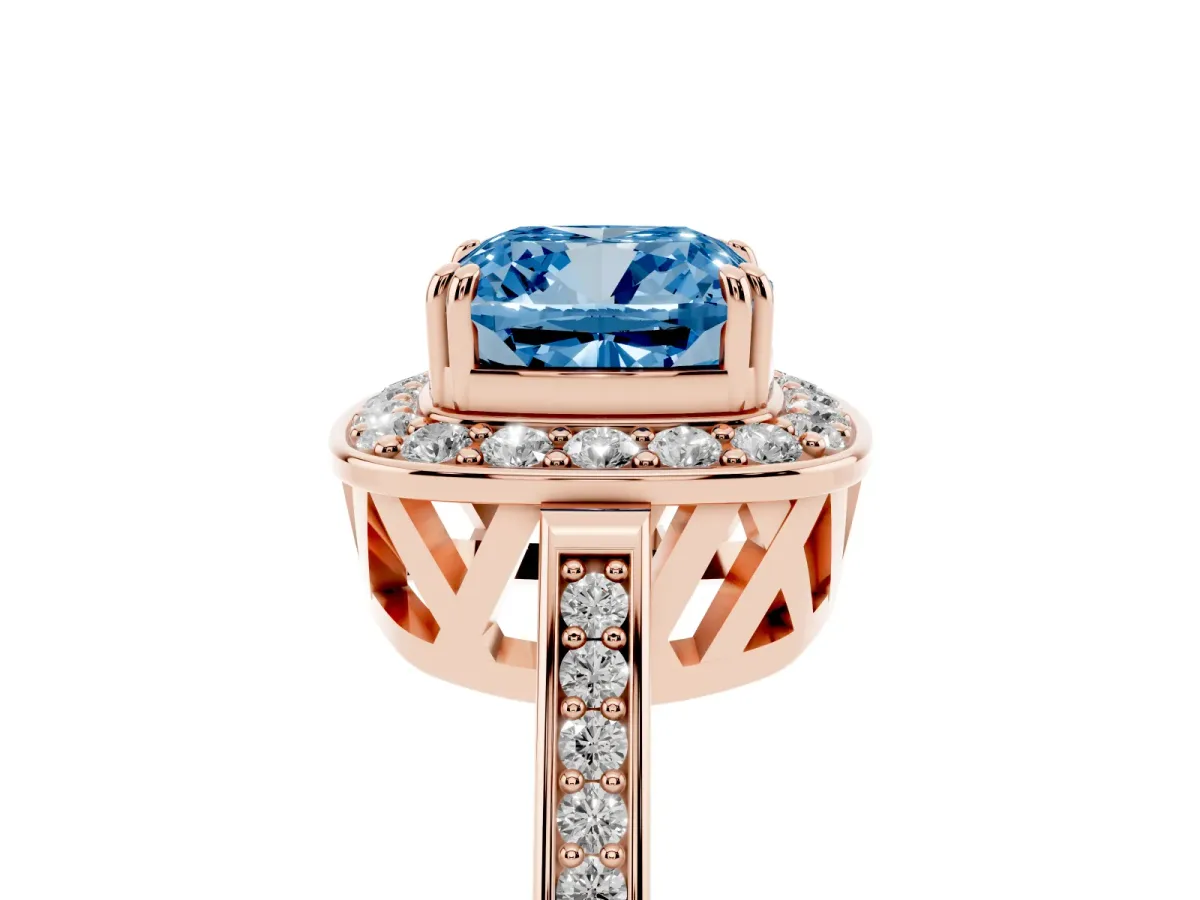Fancy Blue Cushion Cut Diamond Halo Ring with Split Shank and Four-Prong Setting Rose gold