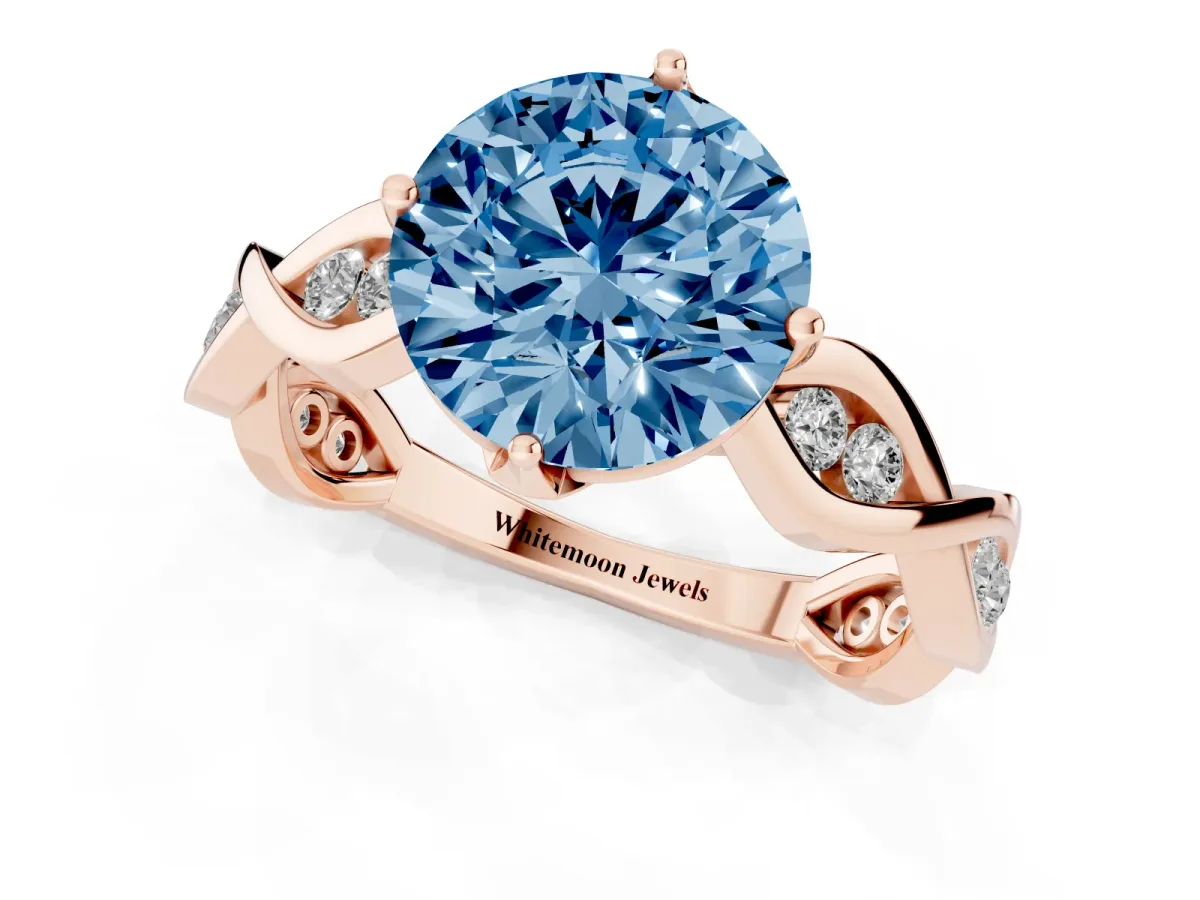 Fancy Blue Round Cut Solitaire Twist Band with Leaf Prong Setting Rose gold