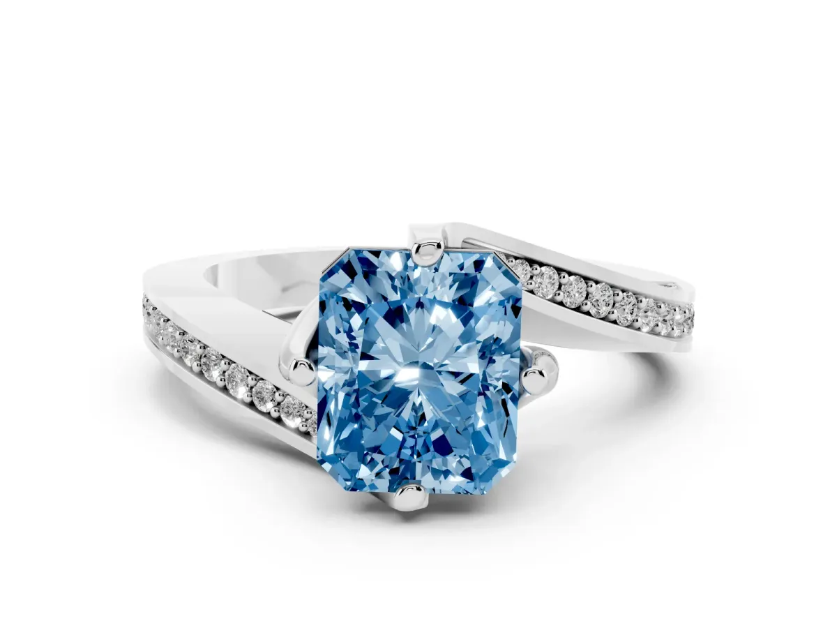 Fancy Blue Radiant Cut Solitaire Diamond Twist Band with Pavé Setting and Four-Prong Setting Silver
