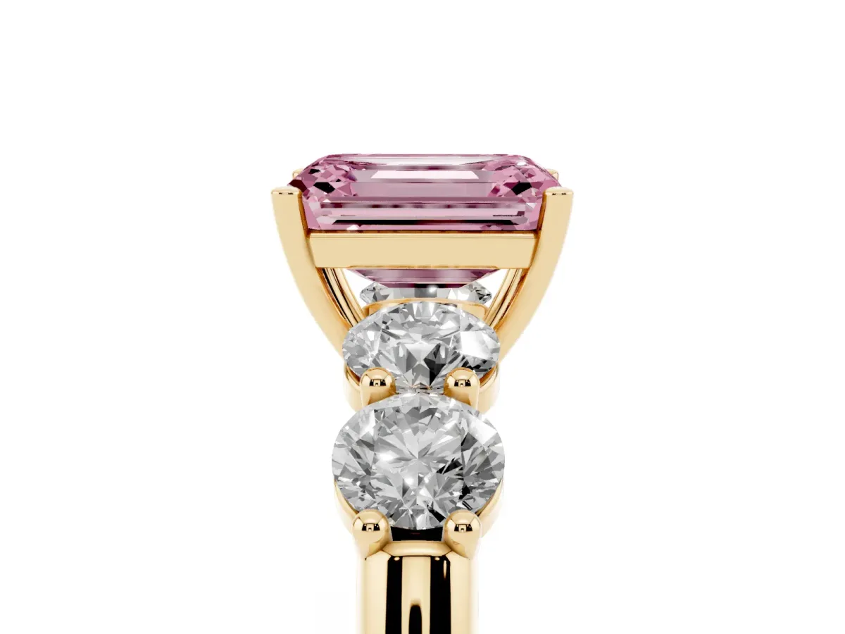 Fancy Pink Emerald Cut Cut Five-Stone Prong Set Diamond Ring with Classic Band Yellow gold