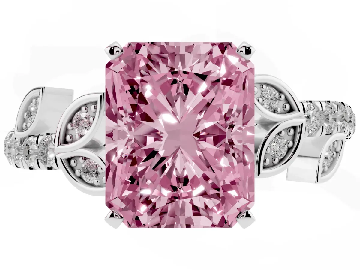 Fancy Pink Radiant Cut Solitaire Leaf-Inspired Diamond Ring with Pavé Band and Four-Prong Setting Silver