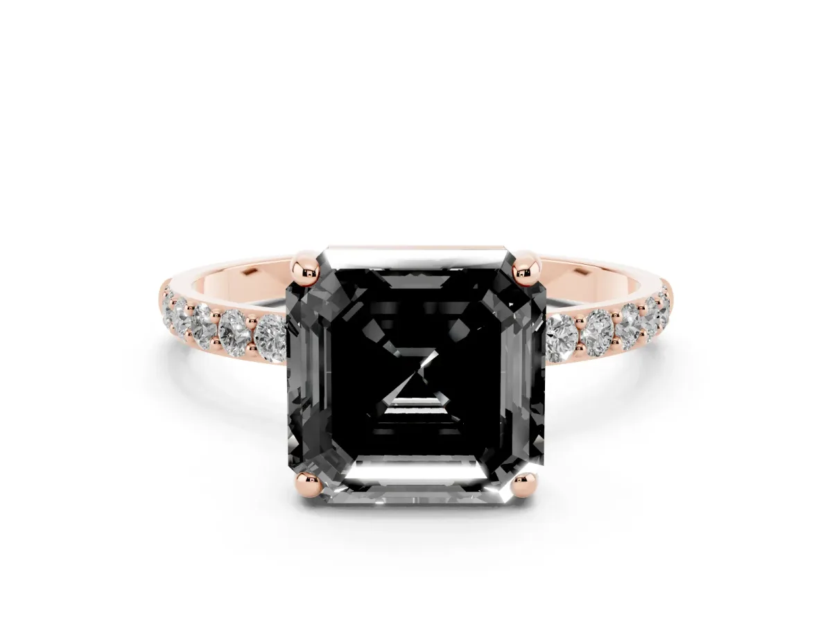Fancy Black Asscher Cut Diamond Solitaire Ring with Round Pavé Band and Prong Setting Rose gold