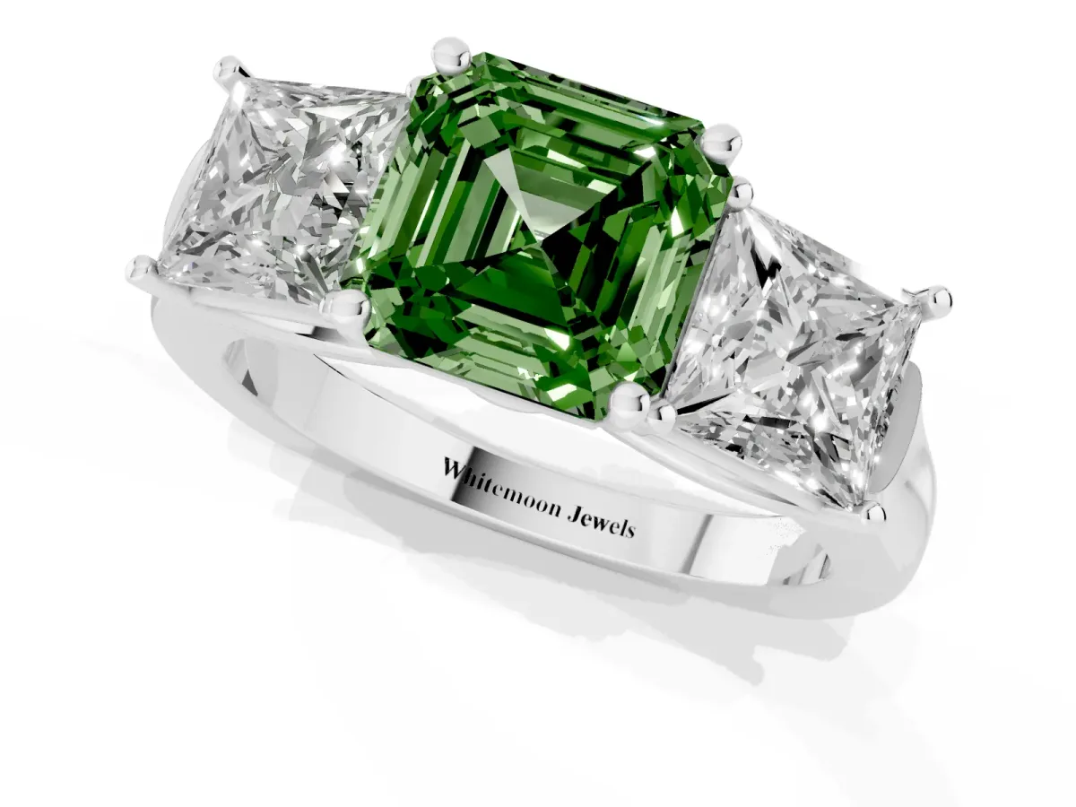 Fancy Green Three-Stone Asscher Cut Brilliant Diamond Trellis Ring with Comfort Fit Band White gold