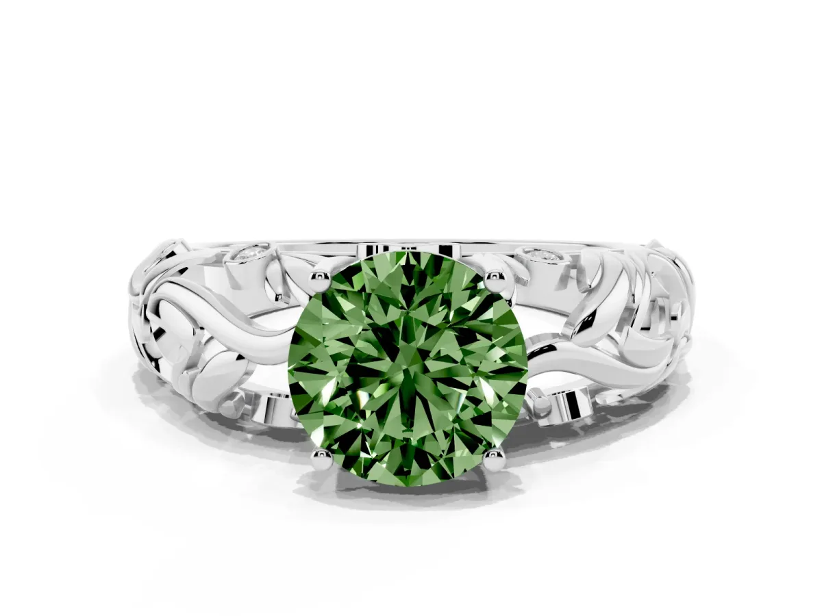 Fancy Green Round Cut Solitaire Diamond Leaf-Inspired Vine Band Ring with Prong Setting Platinum