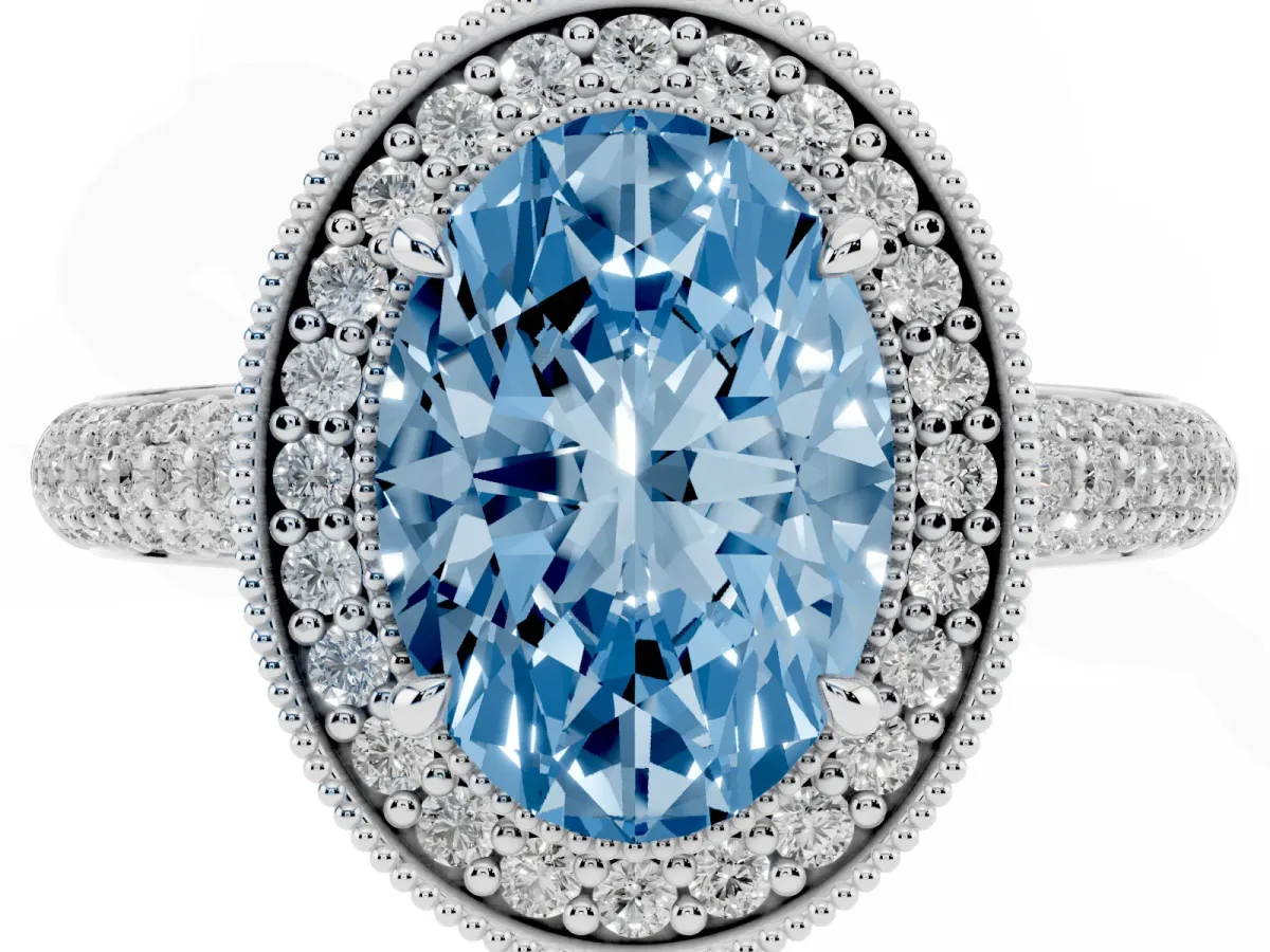 Fancy Blue Oval Cut Cut Halo Diamond Pave Band with Four-Prong Setting Platinum