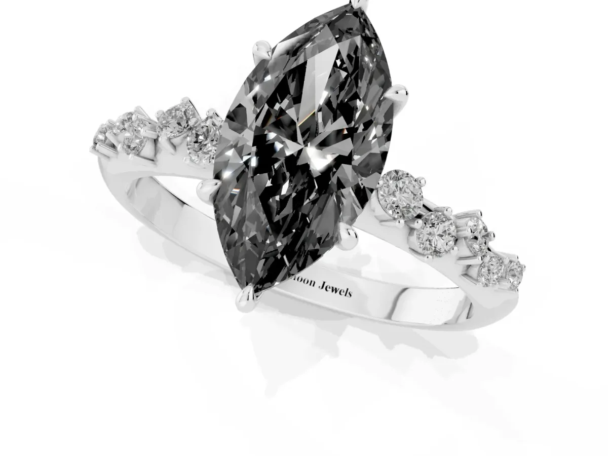 Fancy Black Marquise Cut Diamond Cluster Side Stone Solitaire Ring with Prong Setting Silver