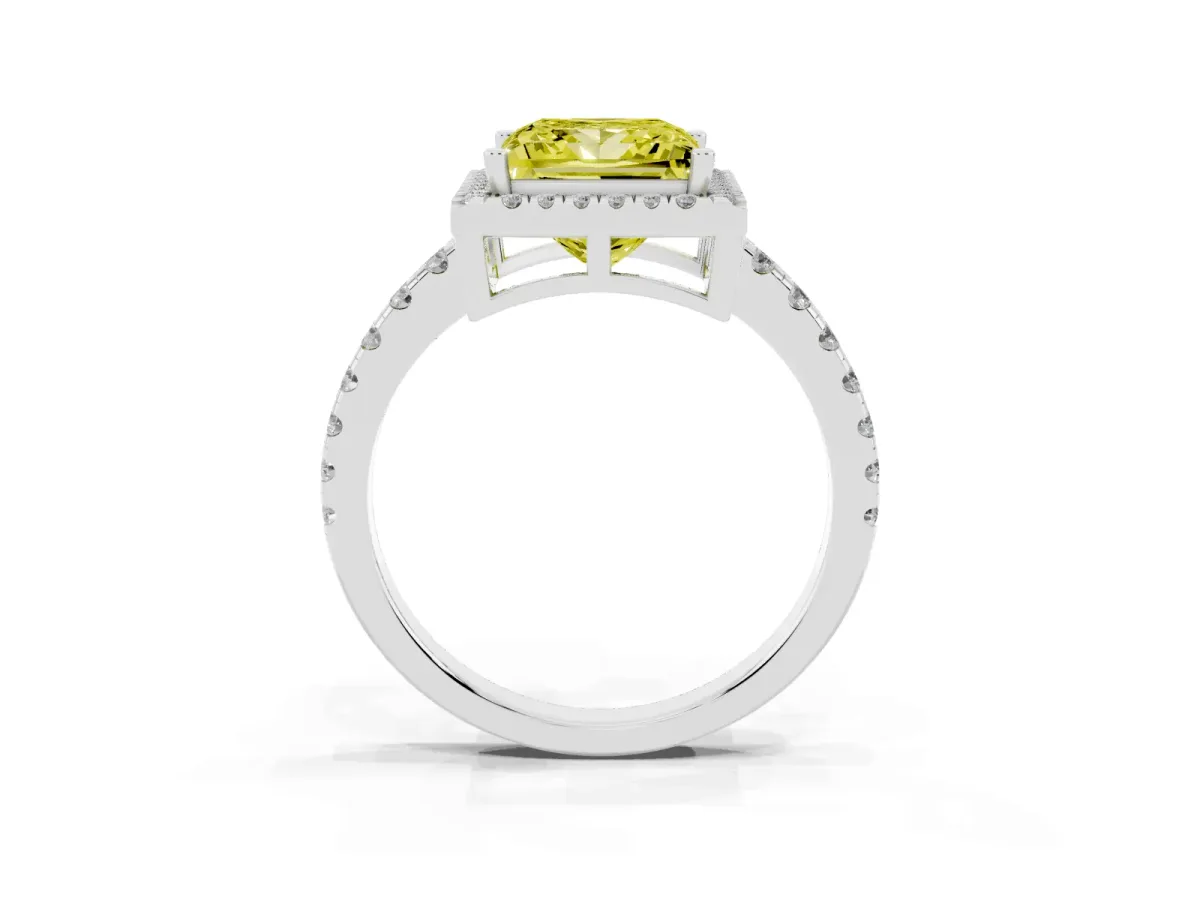 Fancy Yellow Princess Cut Diamond Halo Ring with Pavé Band and Four-Prong Setting Platinum