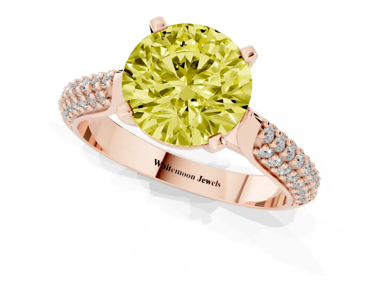Fancy Yellow Round Cut Diamond Solitaire Engagement Ring with Multi-Row Round Pavé Band and Prong Setting Rose gold