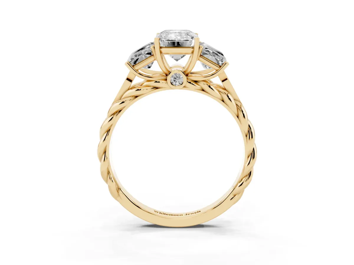 Three-Stone Emerald Cut Diamond Braided Band Ring with Four-Prong Setting Yellow gold