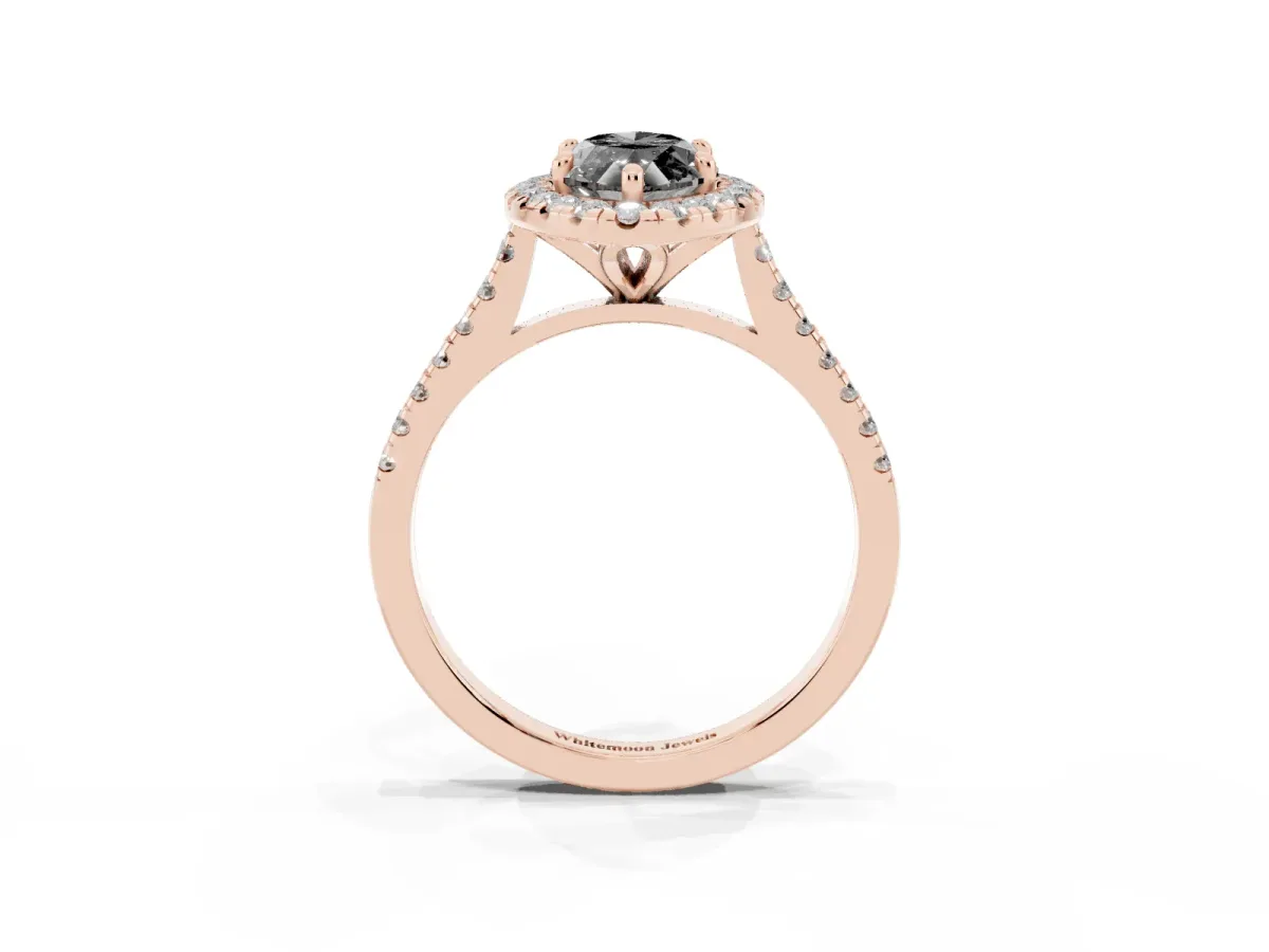 Fancy Black Marquise Cut Diamond Cushion Halo Ring with Pavé Band Rose gold