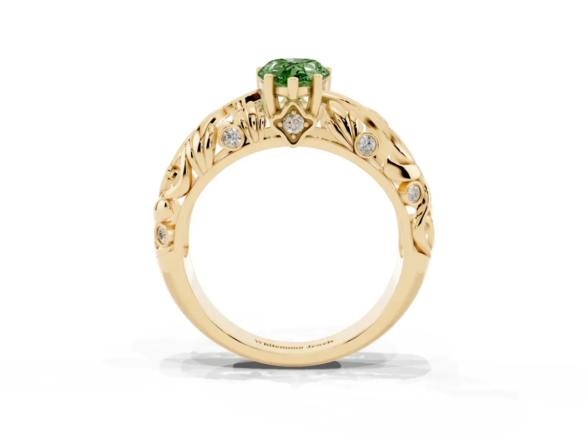 Fancy Green Pear Cut Solitaire Diamond Leaf-Inspired Vine Band Ring with Prong Setting Yellow gold