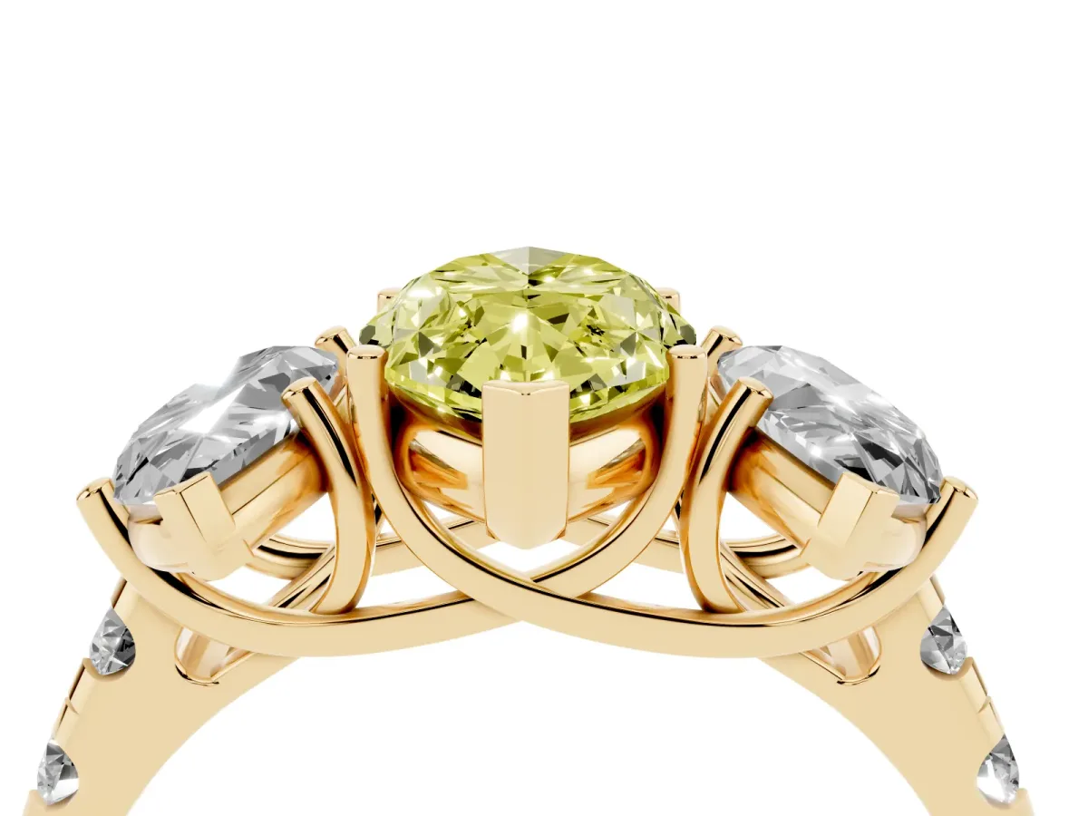 Fancy Yellow Three-Stone Marquise Cut Diamond Pavé Band with Prong Setting Yellow gold