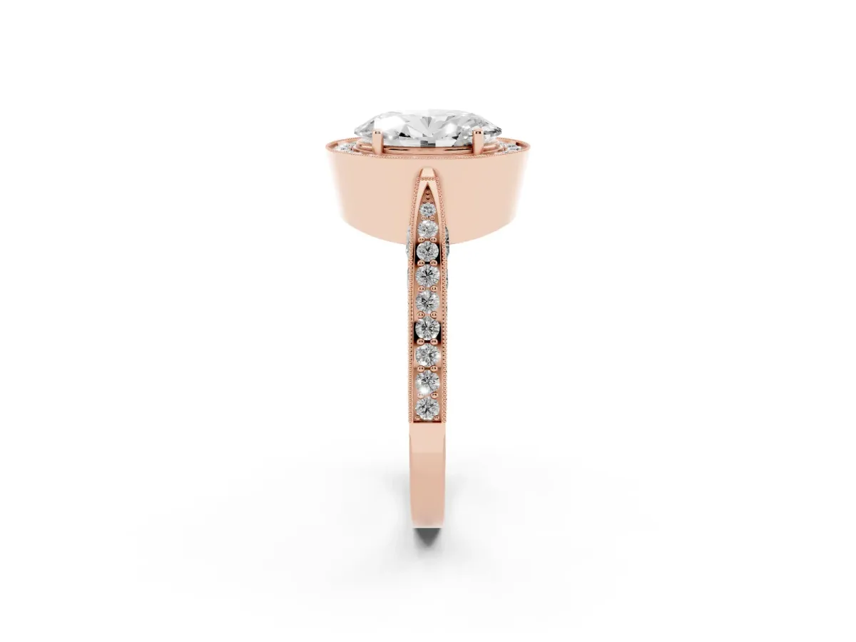 Oval Cut Halo Diamond Engagement Ring with Split Shank Band and Four-Prong Setting Rose gold