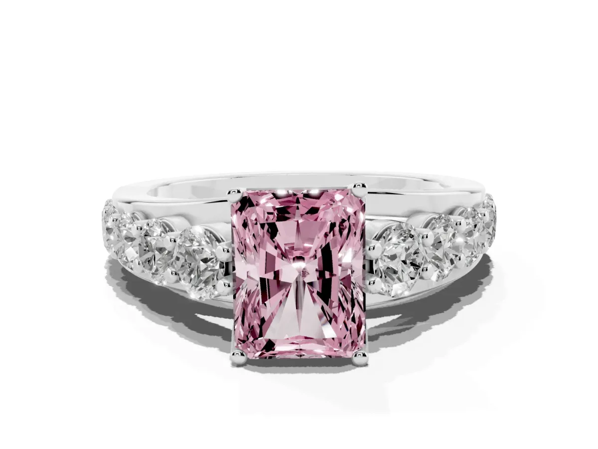 Fancy Pink Radiant Cut Diamond Engagement Ring with Pavé Band and Four-Prong Setting Platinum