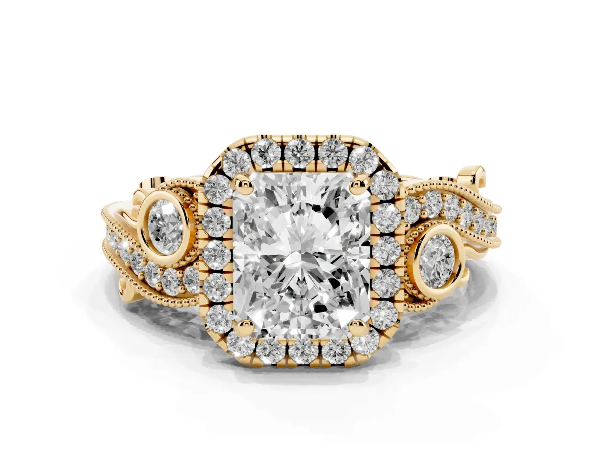 Radiant Cut Diamond Halo Ring with Milgrain Pavé Band and Four-Prong Setting Yellow gold