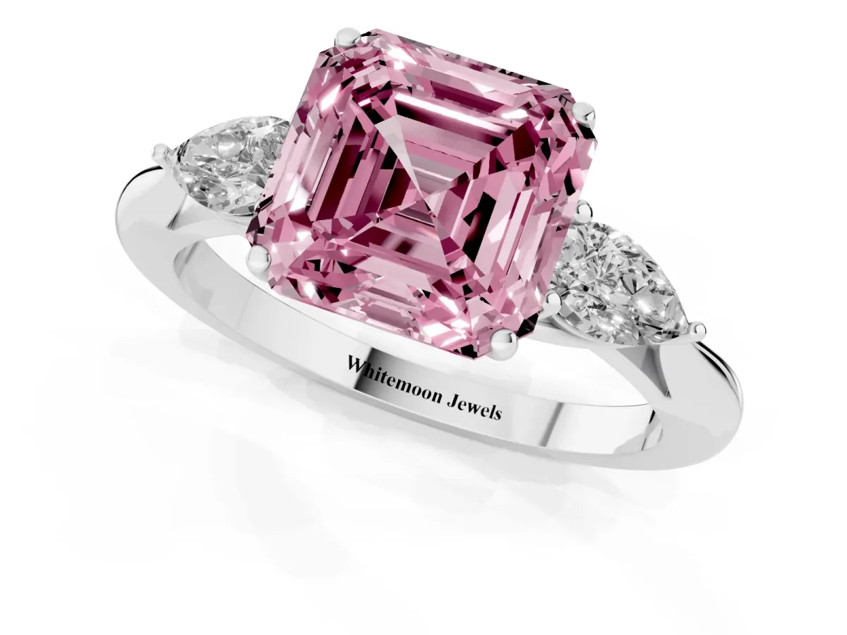 Fancy Pink Asscher Cut Diamond Three-Stone Ring with Pear Side Stones and Prong Setting Platinum