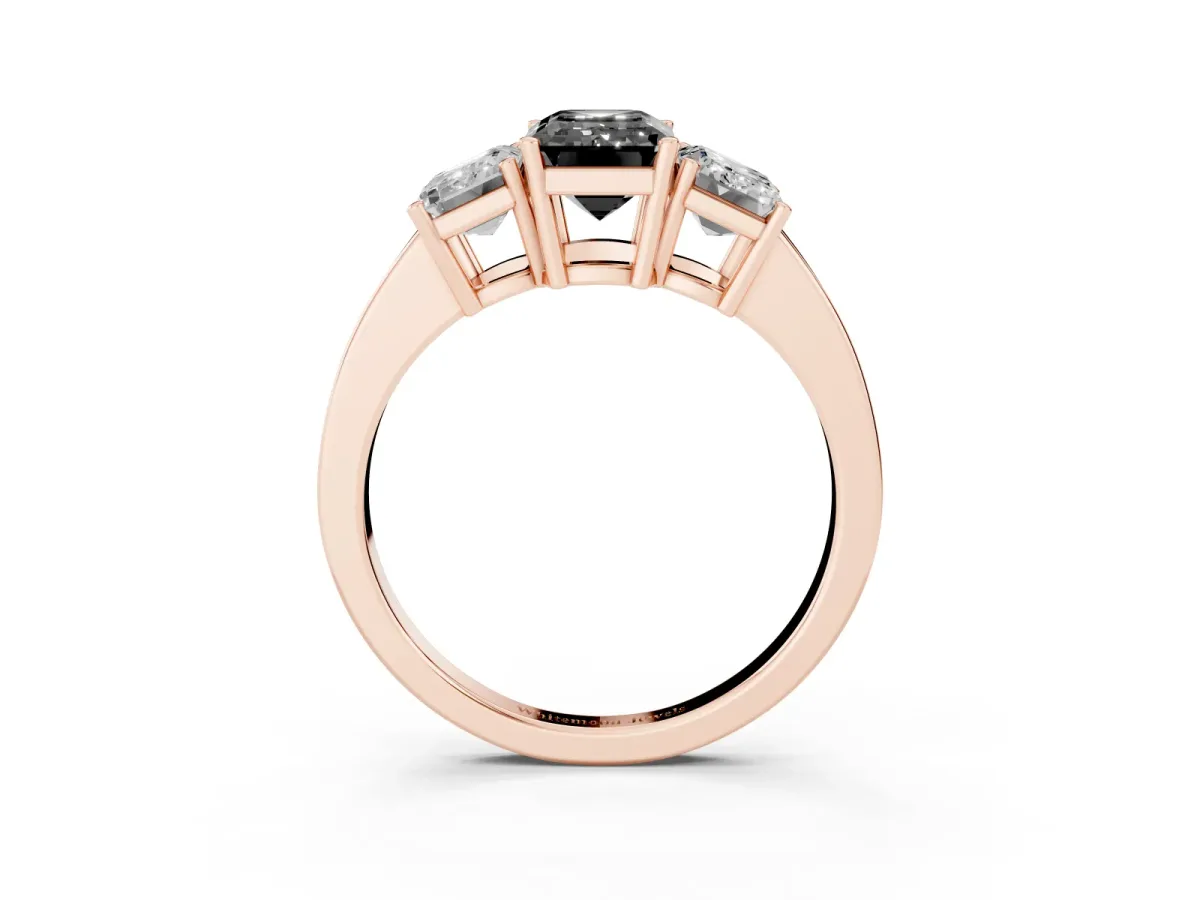 Fancy Black Three-Stone Emerald Cut Cut Diamond Engagement Ring with Flat Band and Four-Prong Setting Rose gold