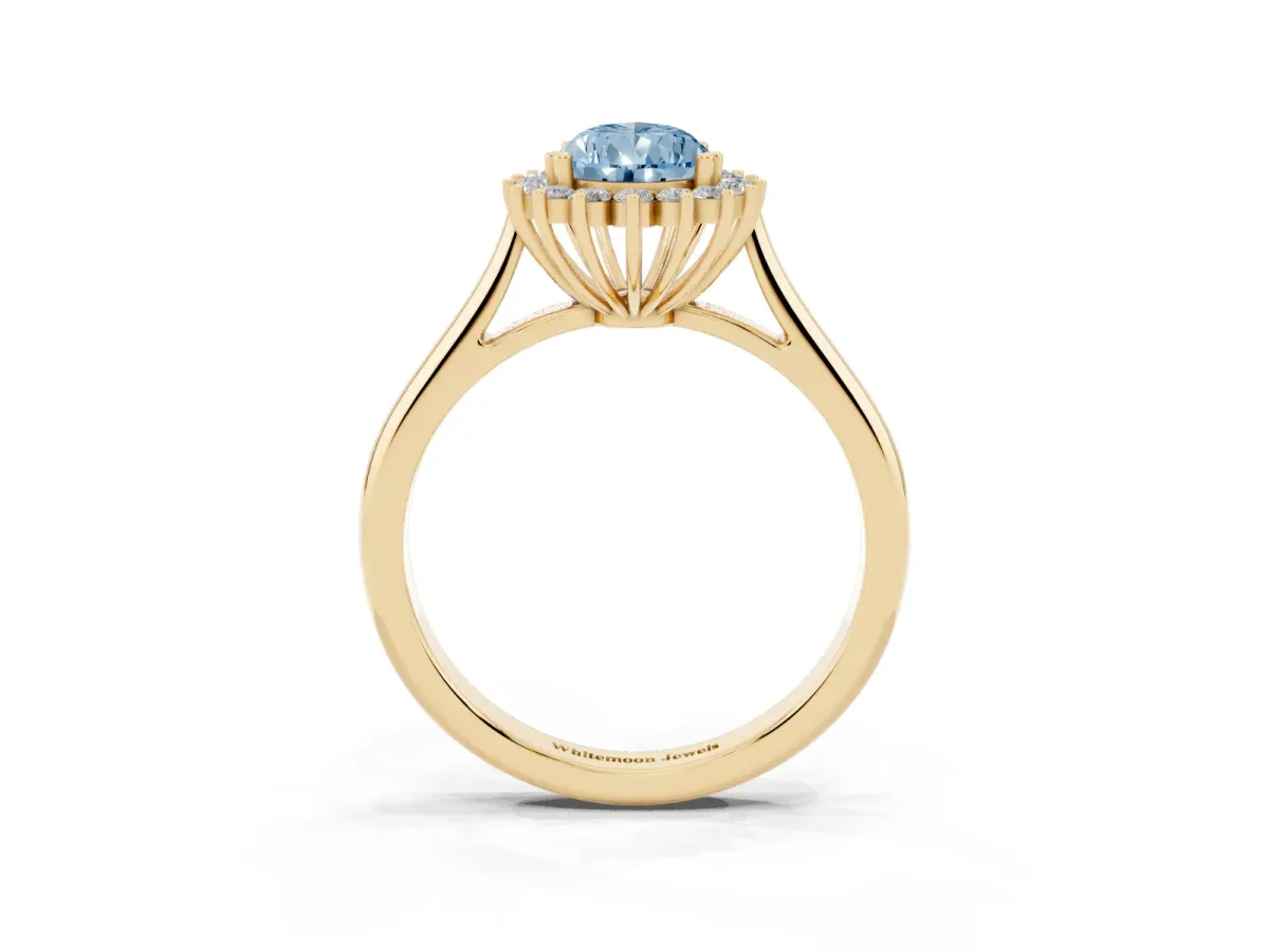 Fancy Blue Pear Cut Cut Diamond Halo Ring with Solitaire Band and Prong Setting Yellow gold