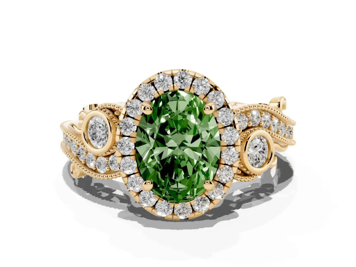 Fancy Green Oval Cut Diamond Halo Ring with Milgrain Pavé Band and Four-Prong Setting Yellow gold