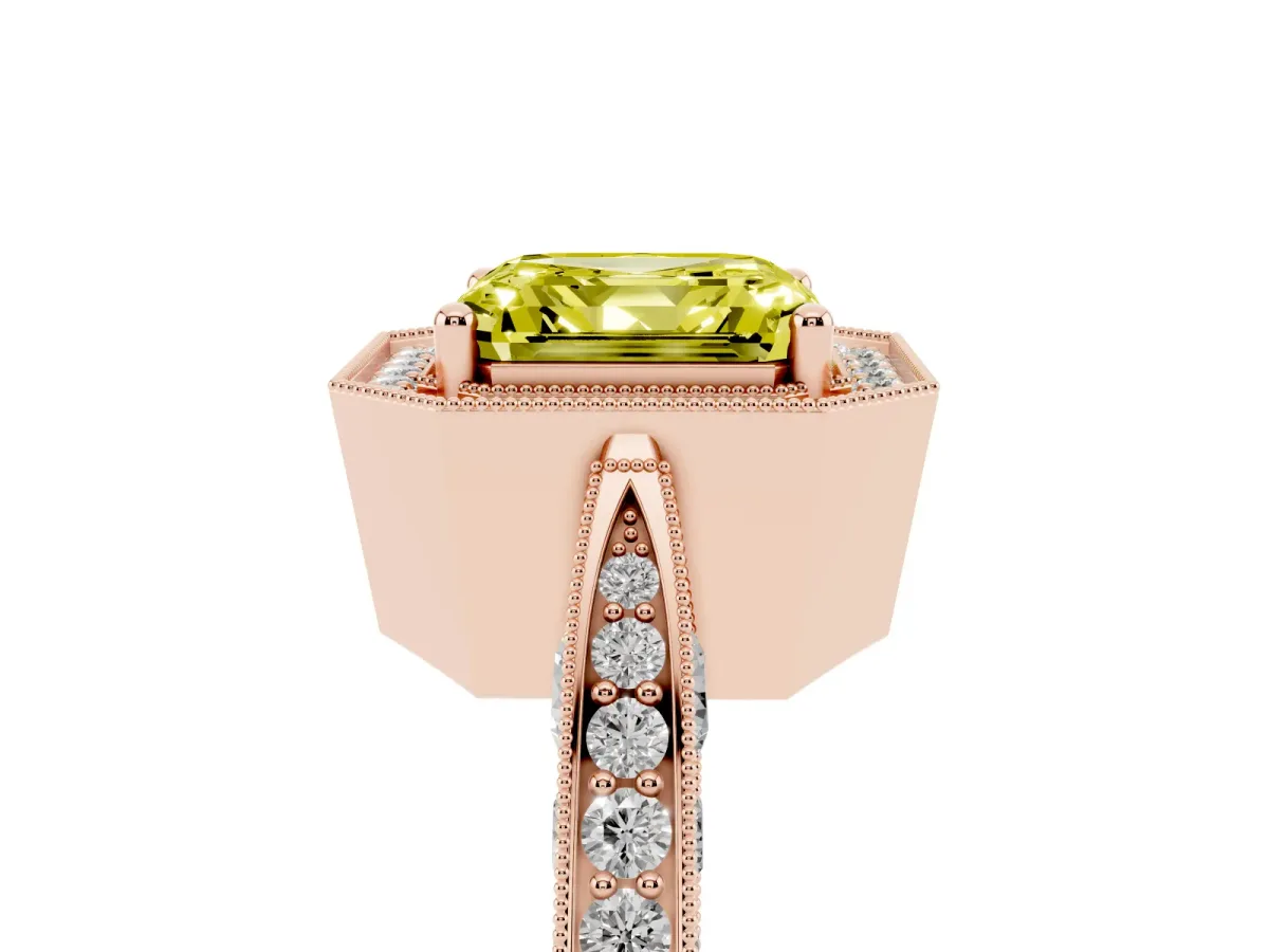 Fancy Yellow Asscher Cut Halo Diamond Engagement Ring with Split Shank Band and Four-Prong Setting Rose gold