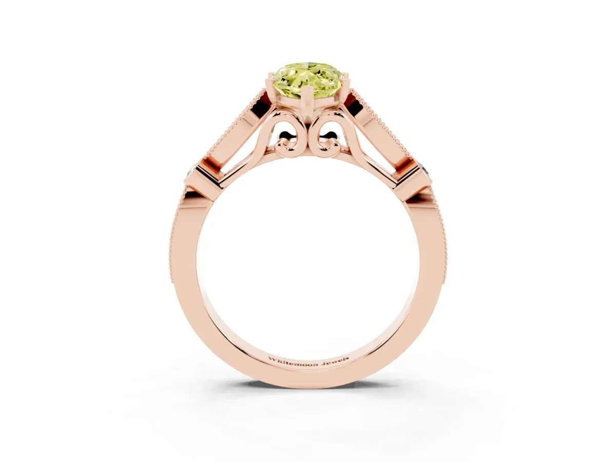 Fancy Yellow Marquise Cut Cut Diamond with Milgrain Marquise and Bezel Accents on a Solitaire Band with Prong Setting Rose gold