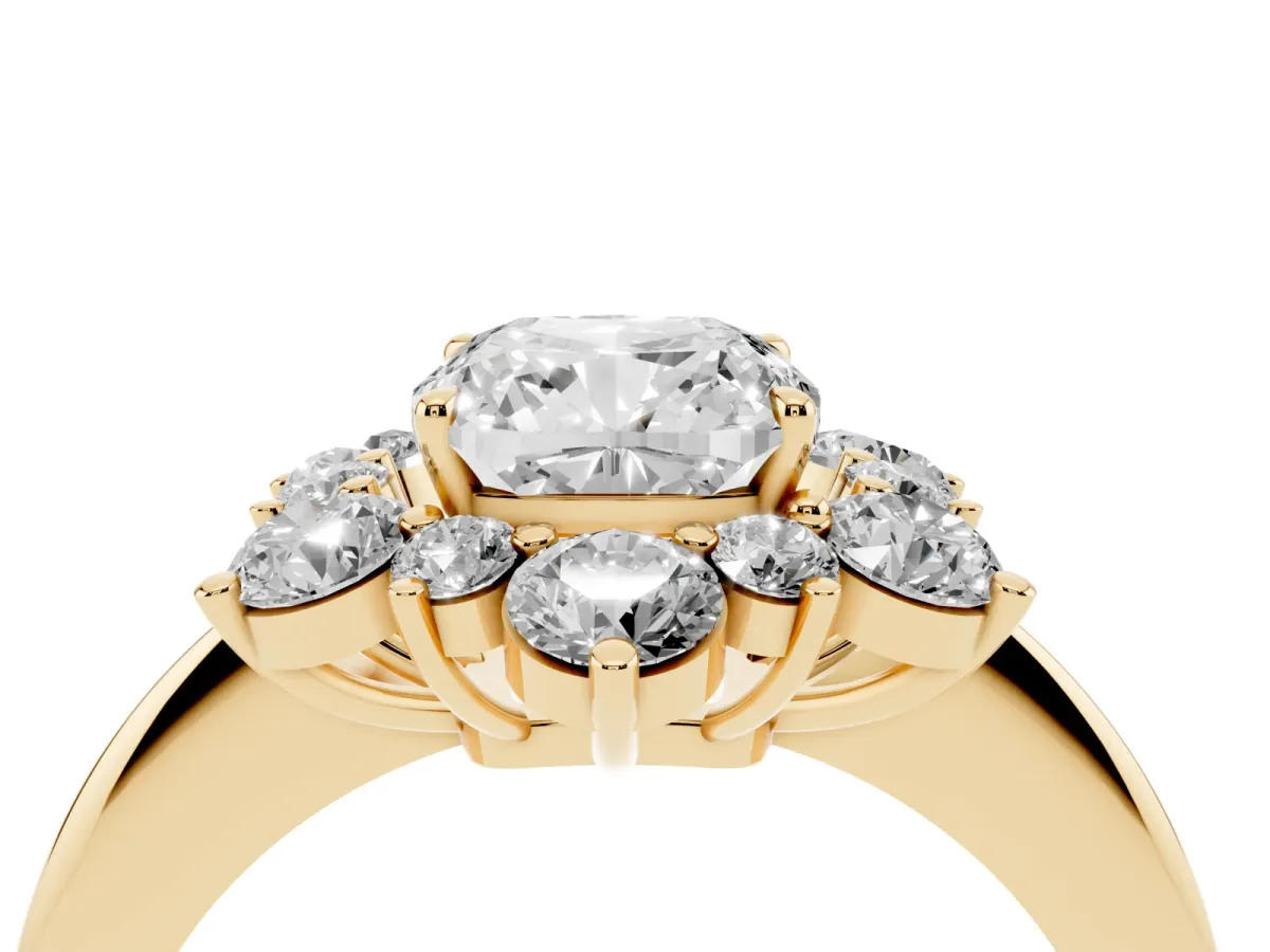 Cushion Cut Diamond Cluster Halo Ring with Solitaire Band and Four-Prong Setting Yellow gold