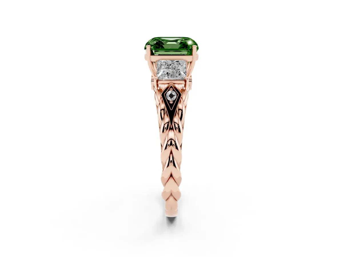 Fancy Green Three-Stone Asscher Cut Diamond Braided Band Ring with Four-Prong Setting Rose gold